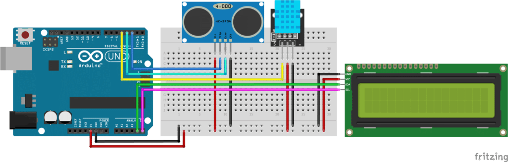 HC-SR04 with DHT11, I2C LCD and Arduino UNO wiring