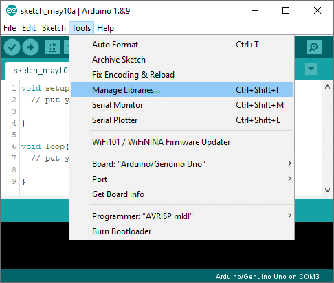 Installing an Arduino library step 1 open Library Manager