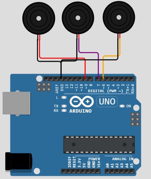 Arduino Simulation of three buzzer example