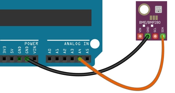 Connect another cable between the Arduino A4 pin and the SDA pin of the BME280