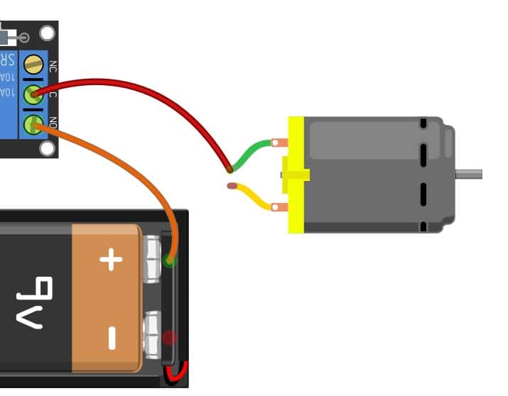 Connect the C (common) PIN of the Relay module to the Positive terminal of the DC motor
