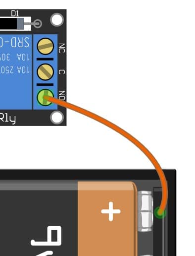 Connect the positive terminal of the 9 V battery to the NO PIN of the relay module