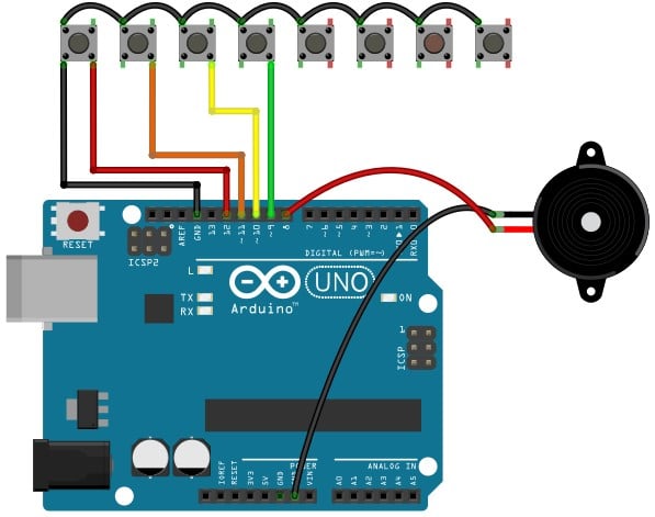 Connect the pushbuttons to Arduino digital pins
