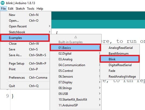 In the File menu, go to Example and then open Blink example