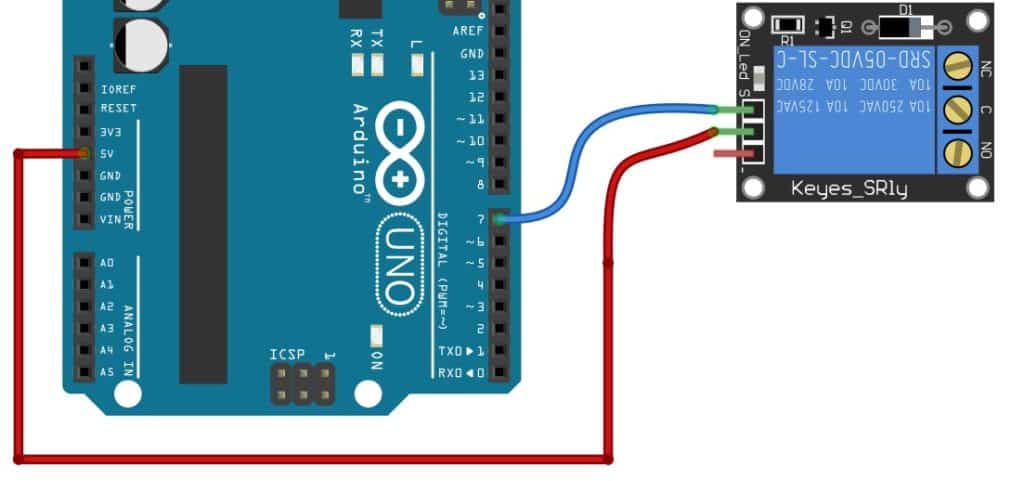 Make a connection between Arduino 5 V pin and the (+) PIN on the relay module