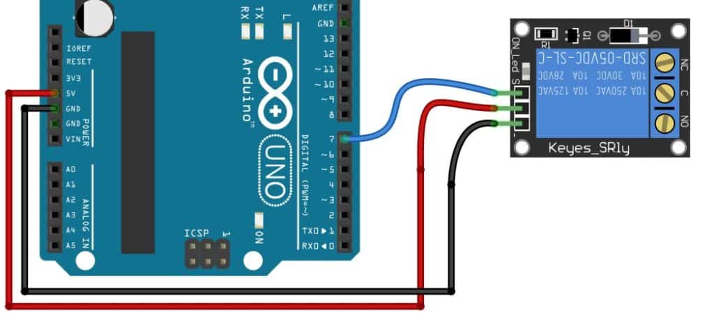 Make a connection between the Arduino GND pin and the (-) PIN on the relay module