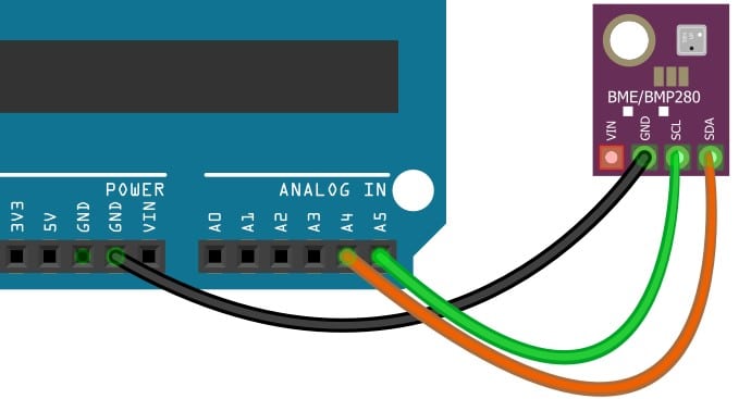 Make the third connection between Arduino Pin A5 and SCL pin of the BME280 board