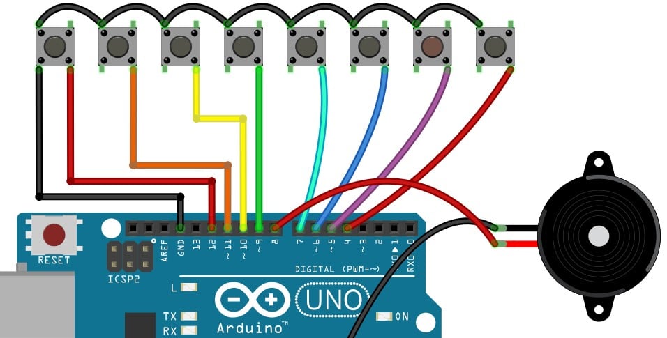all the connections between Arduino and the pushbuttons