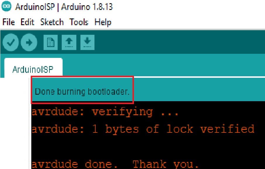 Done burning Bootloader message
