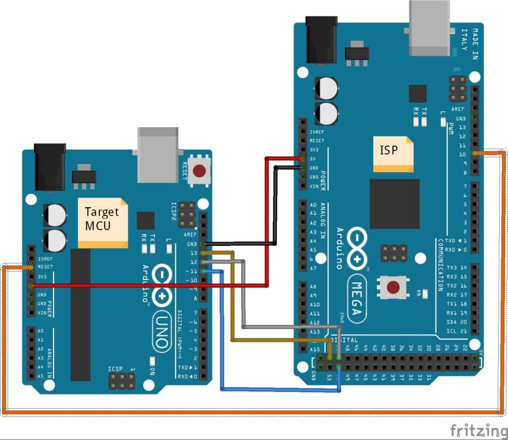 Interfacing of Arduino Mega as an ISP to Arduino Uno as Target MCU