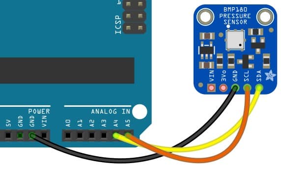 third connection between Arduino Pin A5 and SCL pin of the BMP180 board
