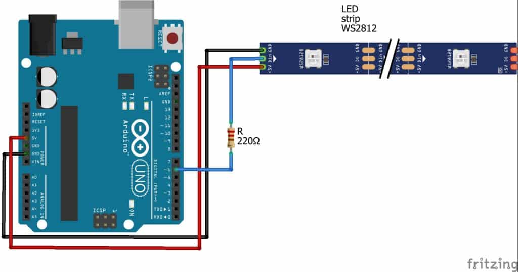 Now connect Arduino Uno 5V to the LED strip's 5V