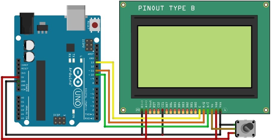 Complete Arduino and the 128x64 Graphic LCD connection overview