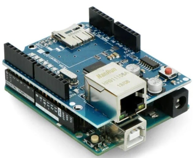 Mount the Arduino W5100 Ethernet shield on the Arduino UNO