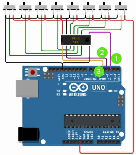 8 push buttons using only three Arduino UNO pins