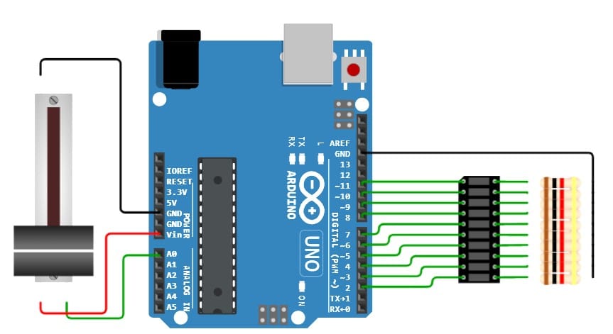 Arduino, Potentiometer and LED Bar Graph Example