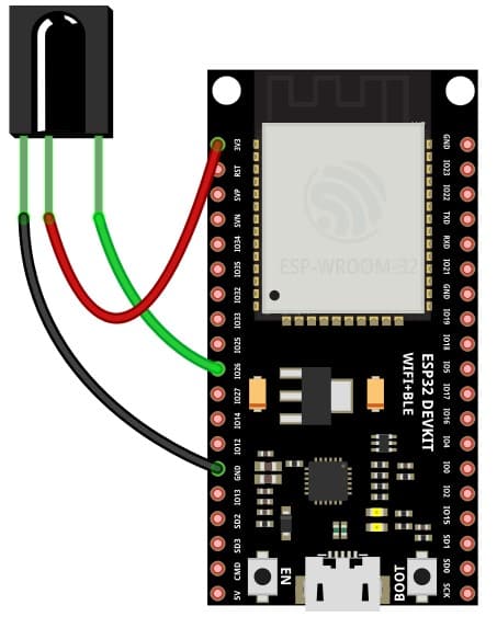 connections to interface the IR receiver to the ESP32 module