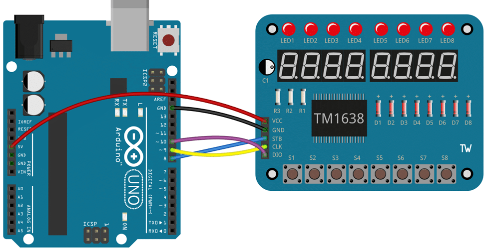 Wiring of TM1638 and Arduino