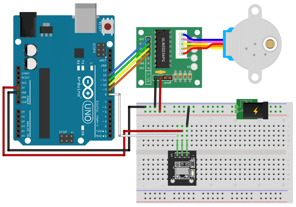 Wiring of the IR sensor, stepper motor, driver and Arduino