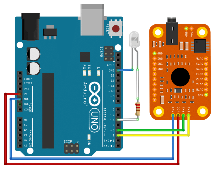Connecting the Voice Recognition Module and an LED to the Arduino