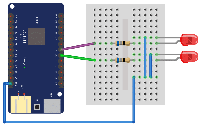 Breadboard wiring of the ESP32 and the LEDs