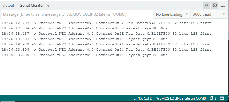 Serial output with decoded IR signal command values