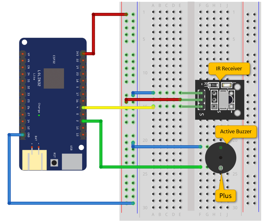 Connecting ESP32 Lolin32 to IR receiver module and a Buzzer