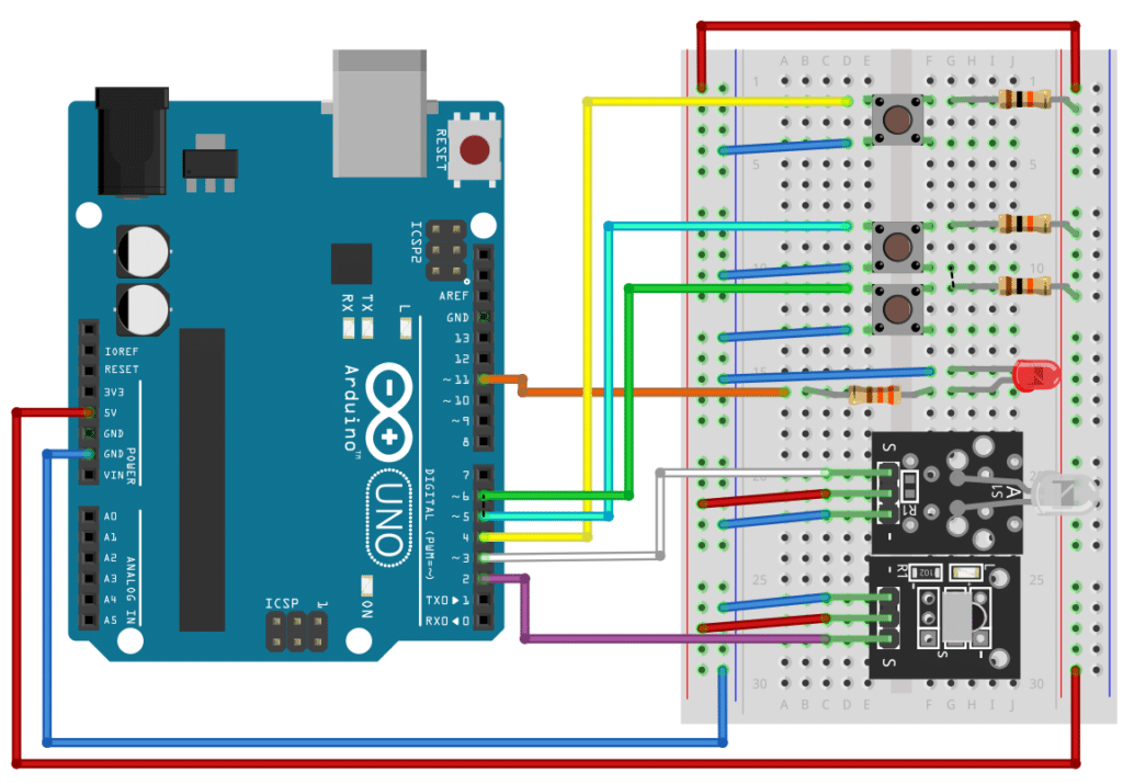 Wiring diagram of a universal, programmable IR remote with an Arduino