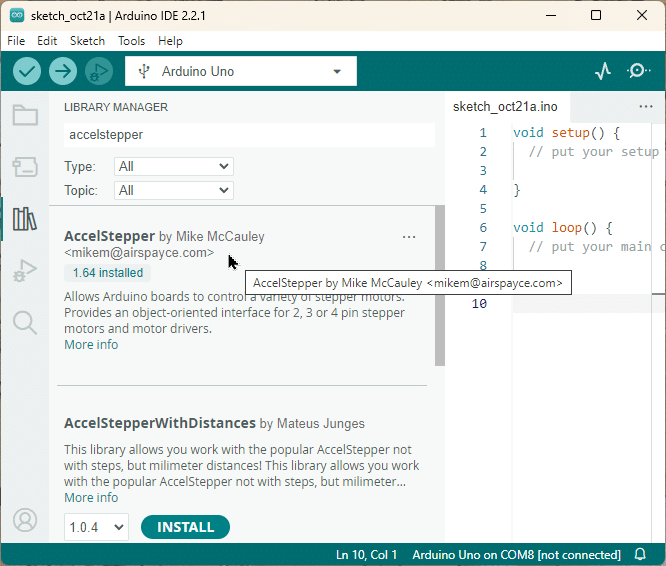 Install AccelStepper library via Arduino IDE