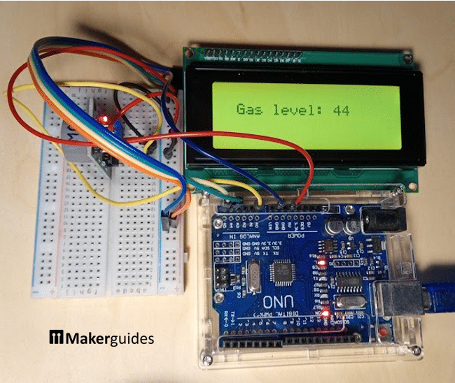 Wiring of MQ-7 Sensor with LCD display and Arduino.