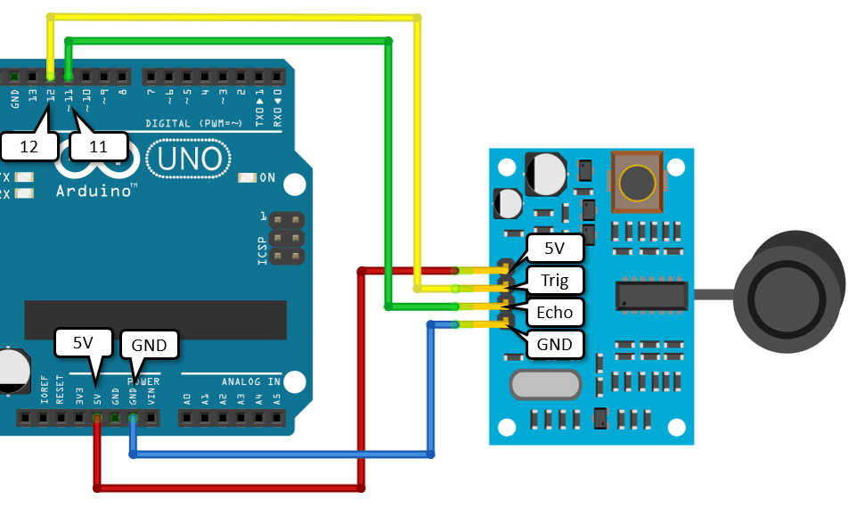 Wiring diagram/schematic for the JSN-SR04T ultrasonic distance sensor with Arduino