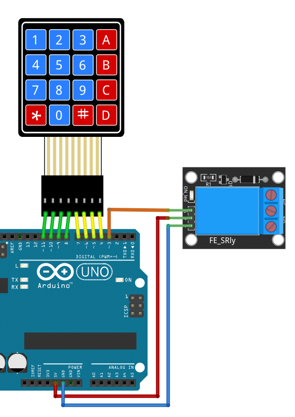 Wiring for Keypad and Relay connected to Arduino