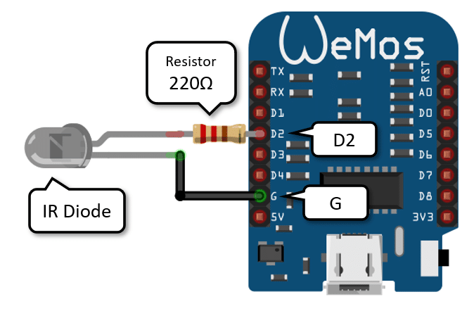 Connecting the IR Diode and Resistor to the ESP8266