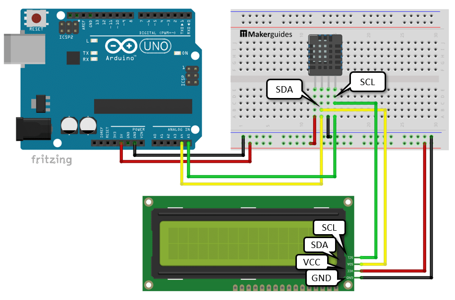 Wiring of the AM2320 and LCD with the Arduino