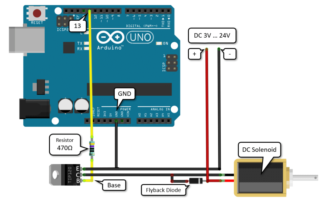 Complete Circuit to Control Solenoid with an Arduino using a TIP120 transistor