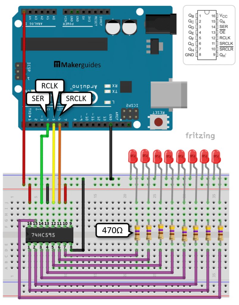 Wiring of the 74HC595 with Arduino and 8 LEDs