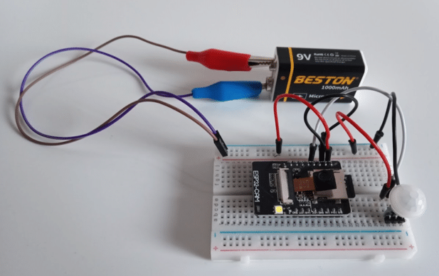 Motion-activated ESP32-CAM powered by 9V battery