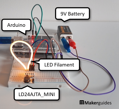 Wiring of LED filament with LED driver and Arduino on breadboard