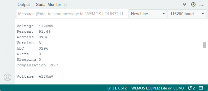 MAX17044 data displayed on Serial Monitor
