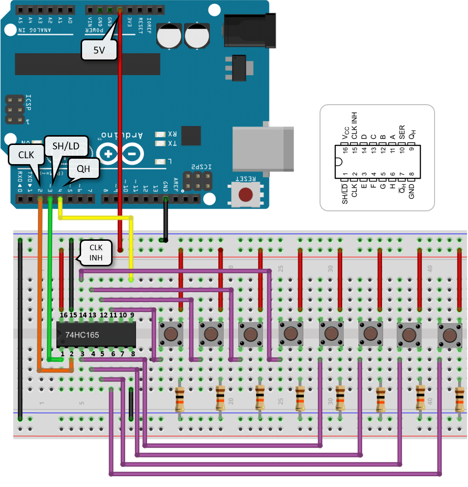 Connecting multiple buttons to the 74HC165 Shift Register