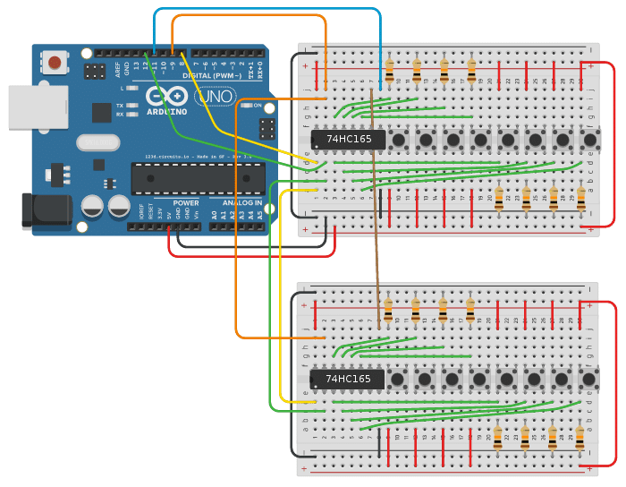 Wiring of two 74HC165 for the  ArduinoShiftIn library