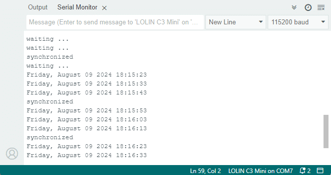 SNTP synchronized time output on Serial Monitor