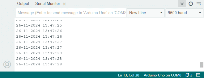 RTC date and time printed in Serial Monitor