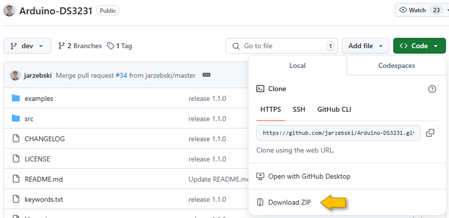 Download ZIP file for Arduino-DS3231library 