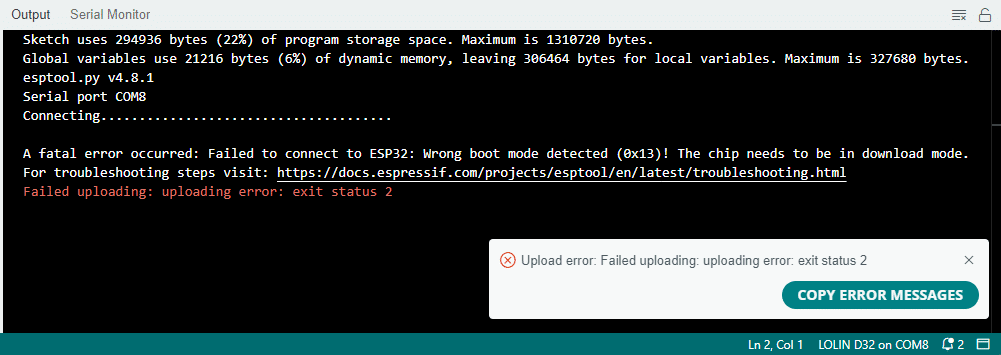 Error in Arduino IDE: Wrong boot mode detected (0x13)!