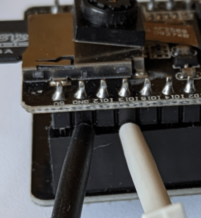 Connecting wires at gap between ESP32-CAM and USB-TTL Shield
