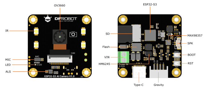 Front and Back of DFRobot ESP32-S3 AI Camera (source)